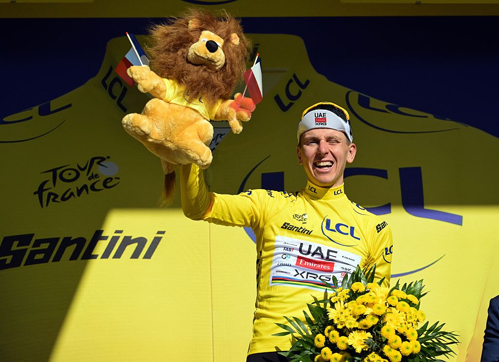 Slovenian Tadej Pogacar of UAE Team Emirates-XRG and pictured on the podium after winning the stage 10