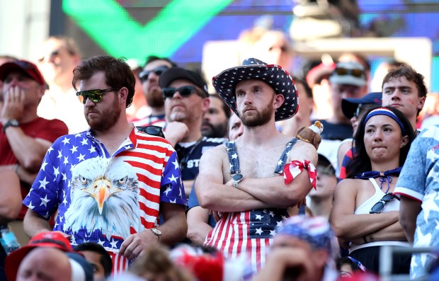 Fans of the United States react after Belgium's fourth goal during the FIFA World Cup 2026 Round of 16 match between USA and Belgium at Seattle Stadium on July 06, 2026 in Seattle, Washington. (Photo by Alex Grimm/Getty Images)