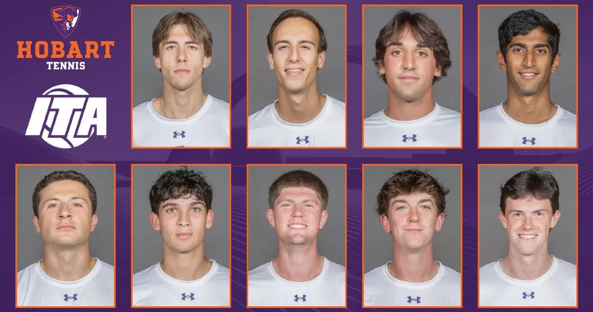 Nine Hobart Tennis team members in headshots, recognized by ITA for academic achievement.