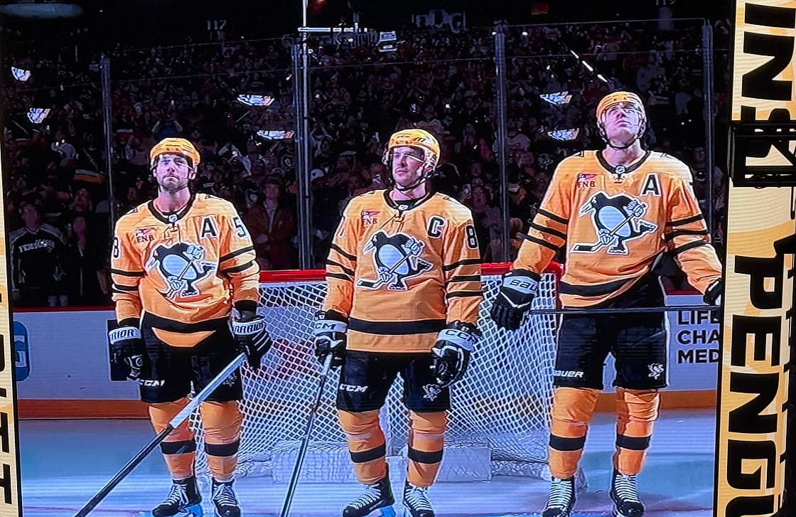 Pittsburgh Penguins third jersey, Kris Letang (left) Sidney Crosby (center), Evgeni Malkin (right)