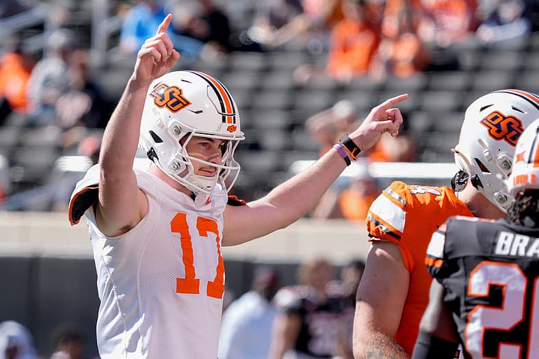 Oklahoma State's Drew Mestemaker celebrates after an OSU touchdown during a spring football game for the Oklahoma State
