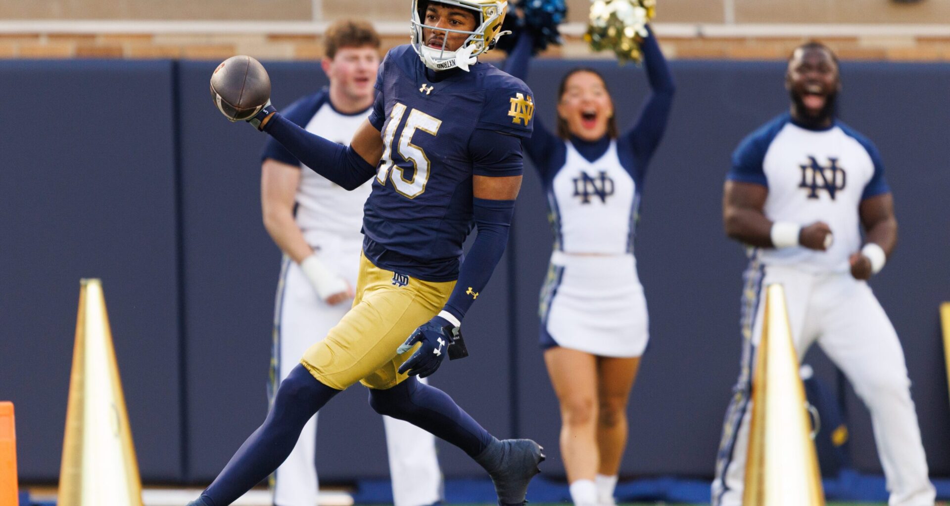 Notre Dame cornerback Leonard Moore returns an interception for a touchdown in the first half of a NCAA football game against Syracuse at Notre Dame Stadium on Saturday, Nov. 22, 2025, in South Bend.