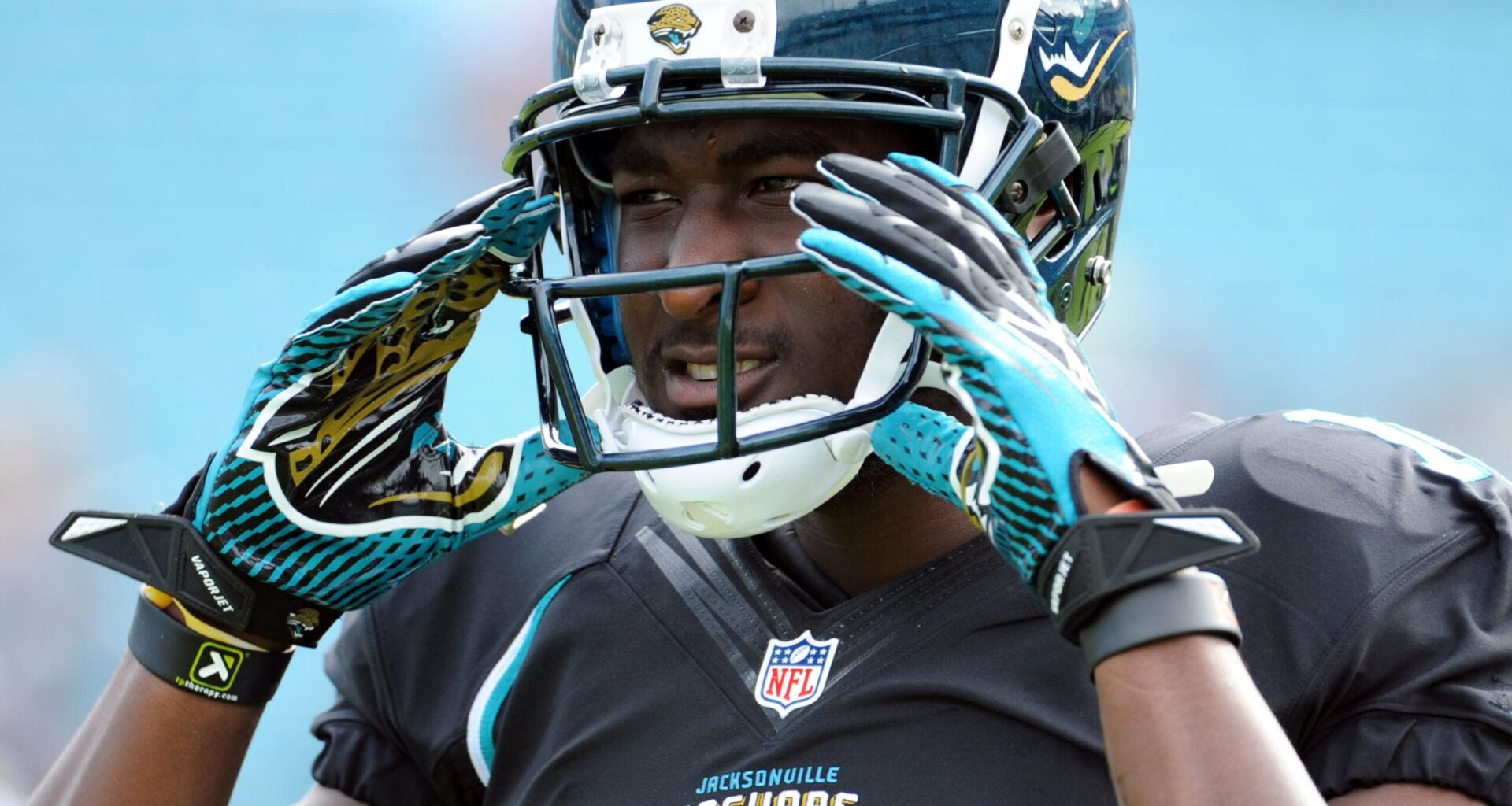 Dec 23, 2012; Jacksonville, FL, USA; Jacksonville Jaguars wide receiver Justin Blackmon (14) warms up before the start of the game against the New England Patriots at EverBank Field.