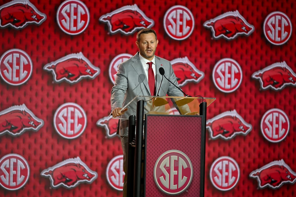 Arkansas coach Ryan SilverfieldSEC Media Days on Thursday, July 23, 2026 in Tampa,...