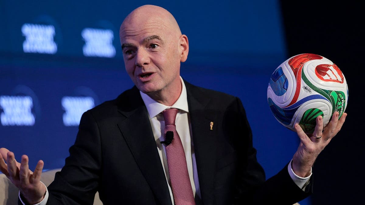 FIFA President Gianni Infantino speaking at a conference in Washington, D.C.
