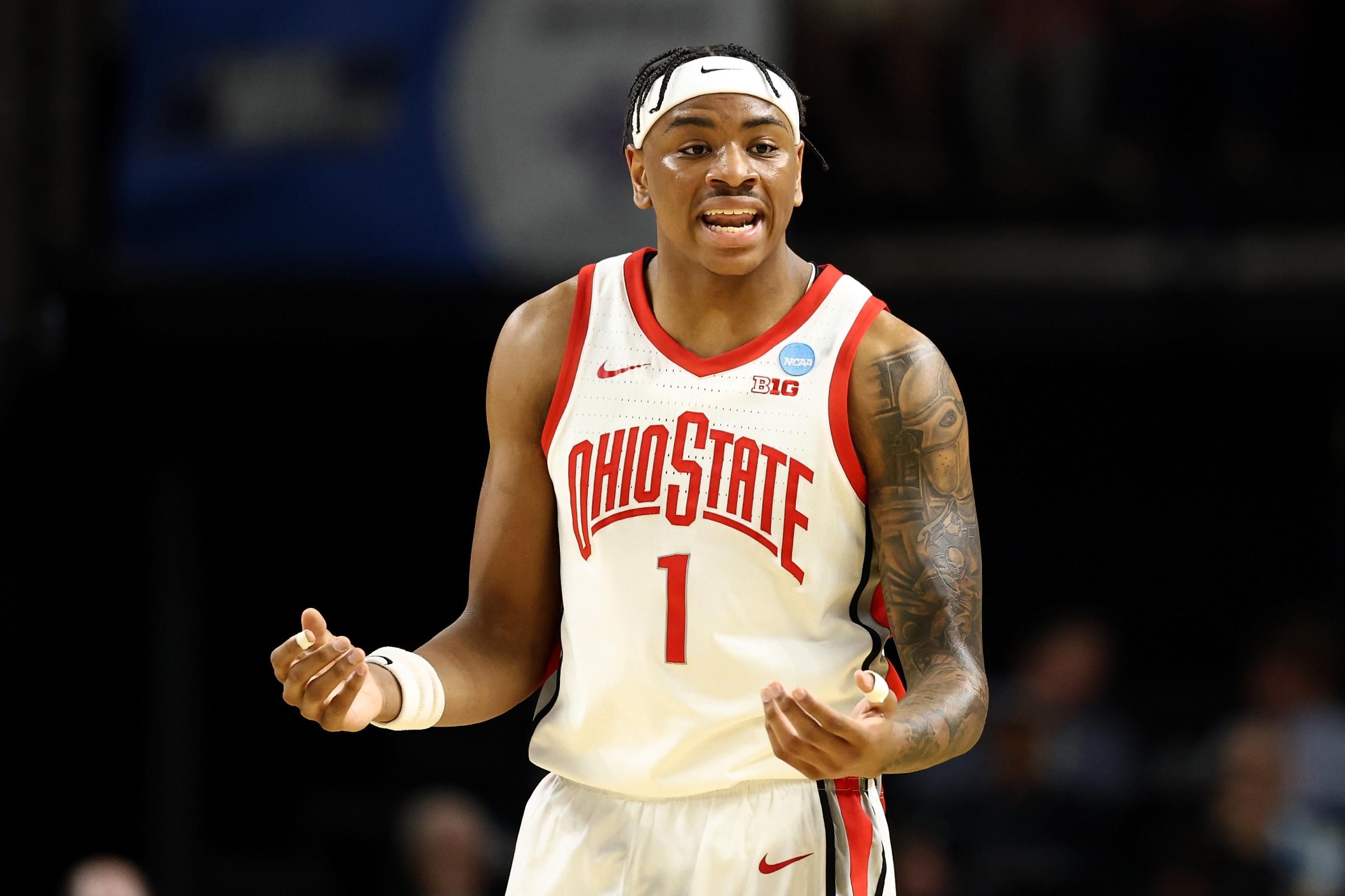 GREENVILLE, SOUTH CAROLINA - MARCH 19: Amare Bynum #1 of the Ohio State Buckeyes reacts during the first half against the Texas Christian University Horned Frogs in the first round of the 2026 NCAA Men’s Basketball Tournament at Bon Secours Wellness Arena on March 19, 2026 in Greenville, South Carolina. (Photo by Jared C. Tilton/Getty Images)