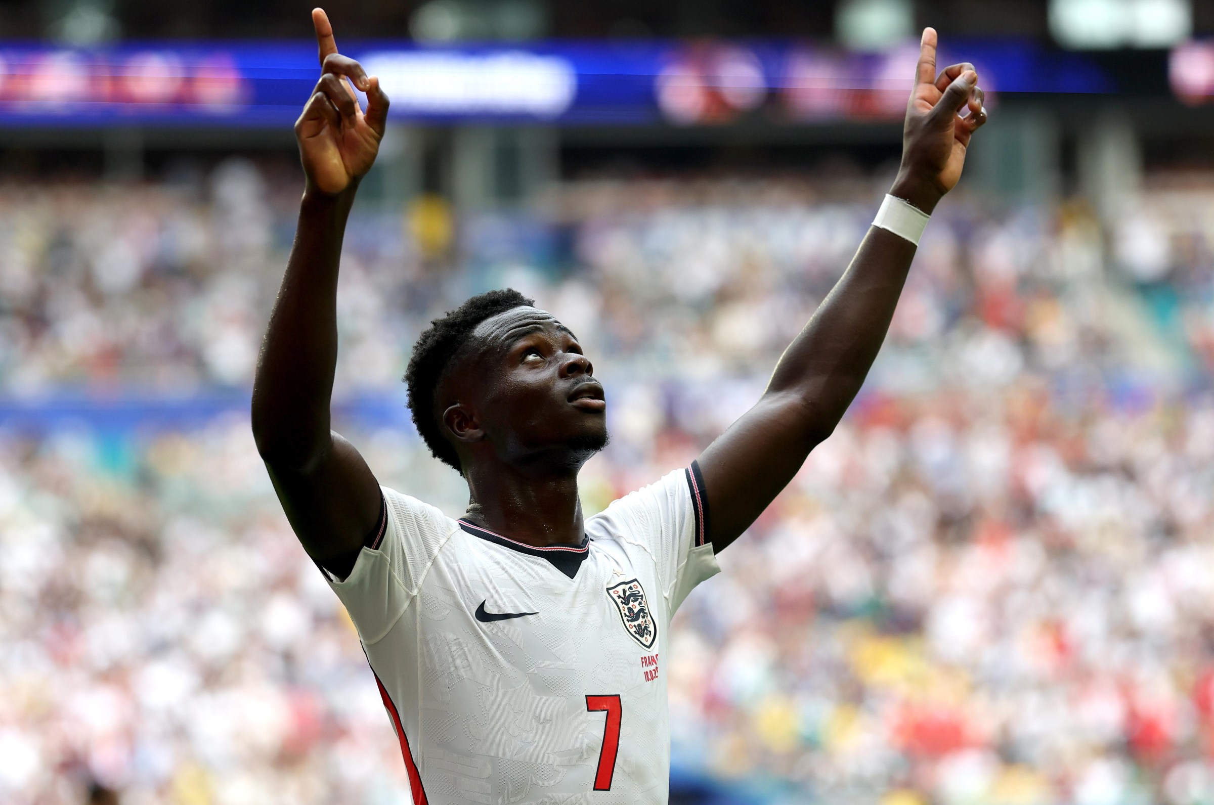 MIAMI GARDENS, FLORIDA - JULY 18: Bukayo Saka #7 of England scores his team’s fourth goal during the FIFA World Cup 2026 Bronze Final between France and England at Miami Stadium on July 18, 2026 in Miami Gardens, Florida. (Photo by Eddie Keogh - The FA/The FA via Getty Images)