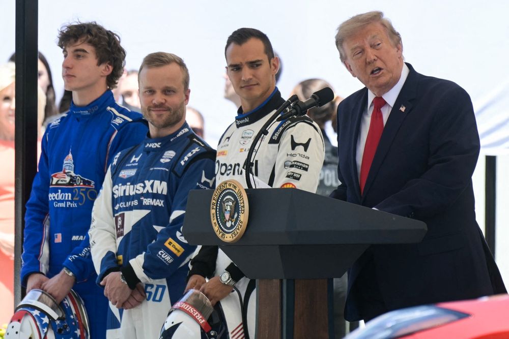 US President Donald Trump with IndyCar drivers Alex Palou, Felix Rosenqvist, and David Malukas