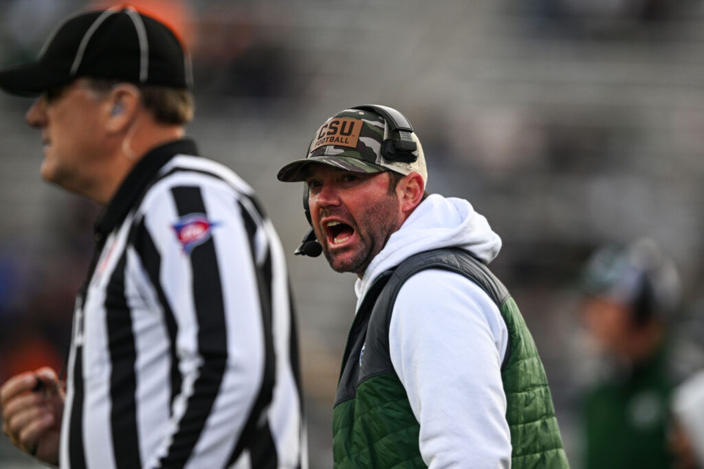 Colorado State Rams interim Head Coach Tyson Summers argues with the refs in the second half of the CSU vs Air Force Academy football game in Fort Collins on Friday, Nov. 28, 2025.
