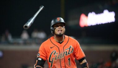 San Francisco, California, USA; San Francisco Giants infielder Luis Arraez (1) reacts after drawing a walk against Colorado Rockies pitcher Jordan Romano (not pictured) during the ninth inning at Oracle Park. Mandatory Credit: Robert Edwards-Imagn Images