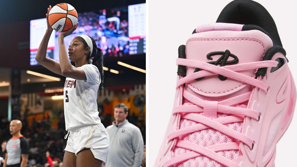 Atlanta forward Angel Reese attempts a three-pointer during the WNBA game between the Phoenix Mercury and the Atlanta Dream on August 5th, 2026 at the Gateway Center in College Park, GA on left. Pink Reebok Angel Reese 1 Basketball Shoes on right.