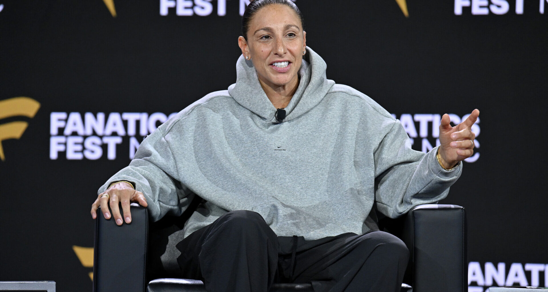 NEW YORK, NEW YORK - JULY 17: Diana Taurasi speaks onstage during the Top of the Game panel at Fanatics Fest NYC 2026 at Jacob Javits Center.