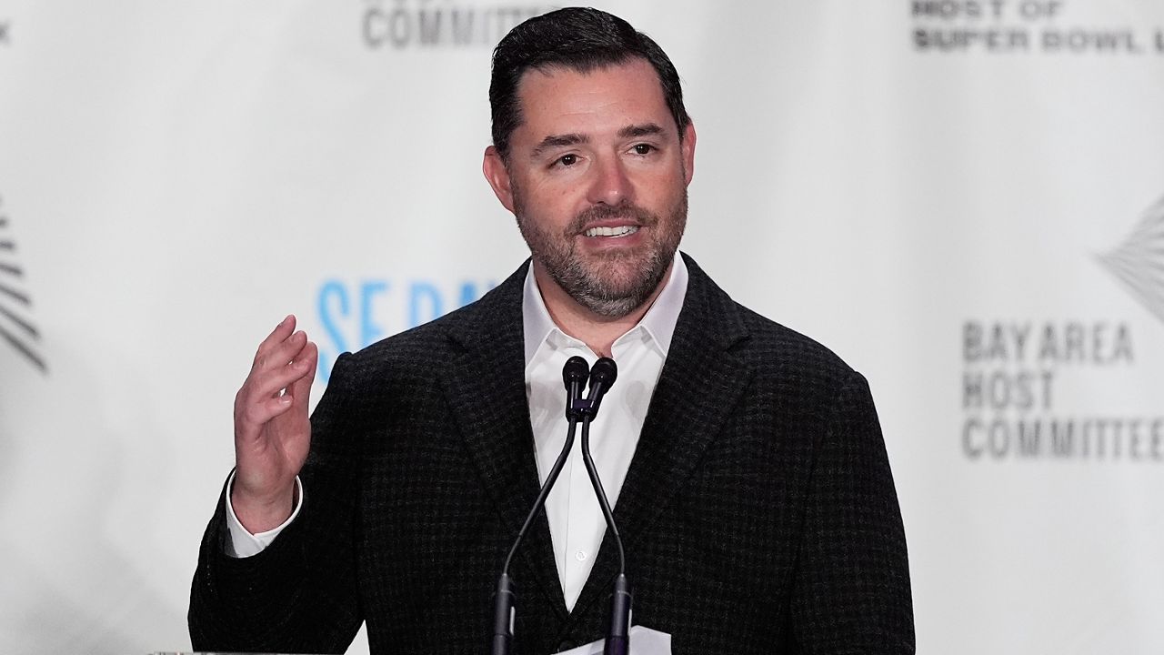 San Francisco 49ers team owner Jed York speaks at a news conference in San Francisco on Feb. 2, 2026. (AP Photo/Jeff Chiu)