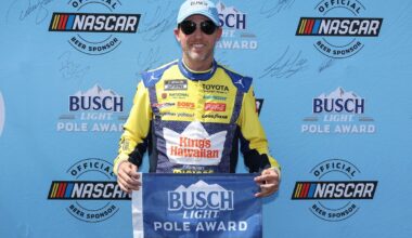 Credit: #11: Denny Hamlin, Joe Gibbs Racing, National Debt Relief Toyota Camry; Busch Light Pole Award