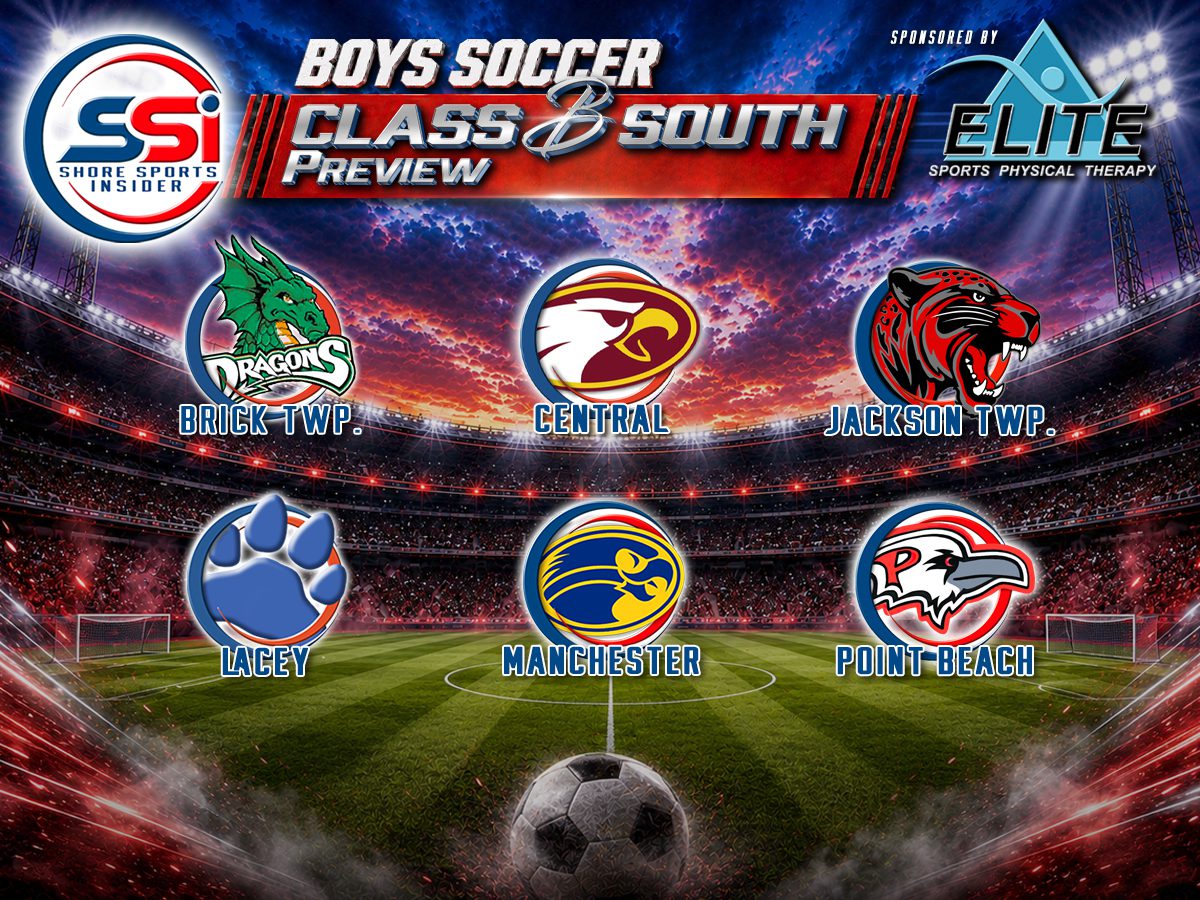 Promo poster for Boys Soccer Class & South Preview with six team logos (Dragons, Central, Tigers, Lacey, Manchester, Point Beach) on a stadium backdrop.