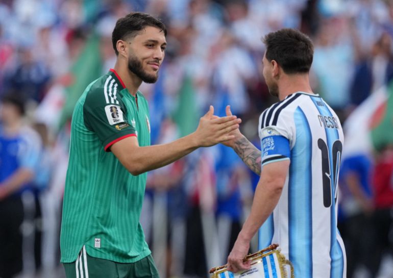 Soccer Football - FIFA World Cup 2026 - Group J - Argentina v Algeria - Kansas City Stadium, Kansas City, Missouri, U.S. - June 16, 2026 Algeria's Jaouen Hadjam shakes hands with Argentina's Lionel Messi before the match IMAGN IMAGES via Reuters/Jay Biggerstaff