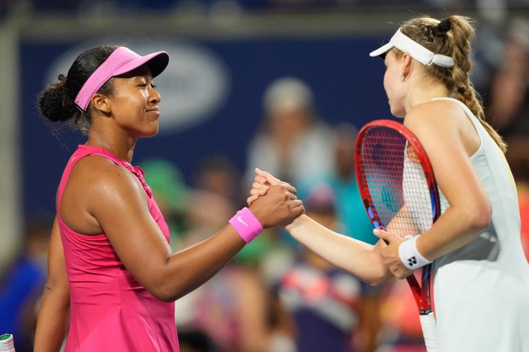 Naomi Osaka, left, congratulates Elena Rybakina after their quarterfinal match at Sobeys Stadium, Toronto, Canada on August 11, 2026