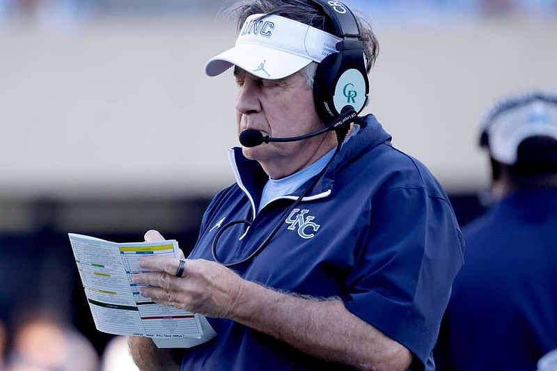 FILE - North Carolina head coach Bill Belichick on the sidelines during the first half of an NCAA college football game against Duke, Saturday, Nov. 22, 2025, in Chapel Hill, N.C. (AP Photo/Chris Seward, File)
