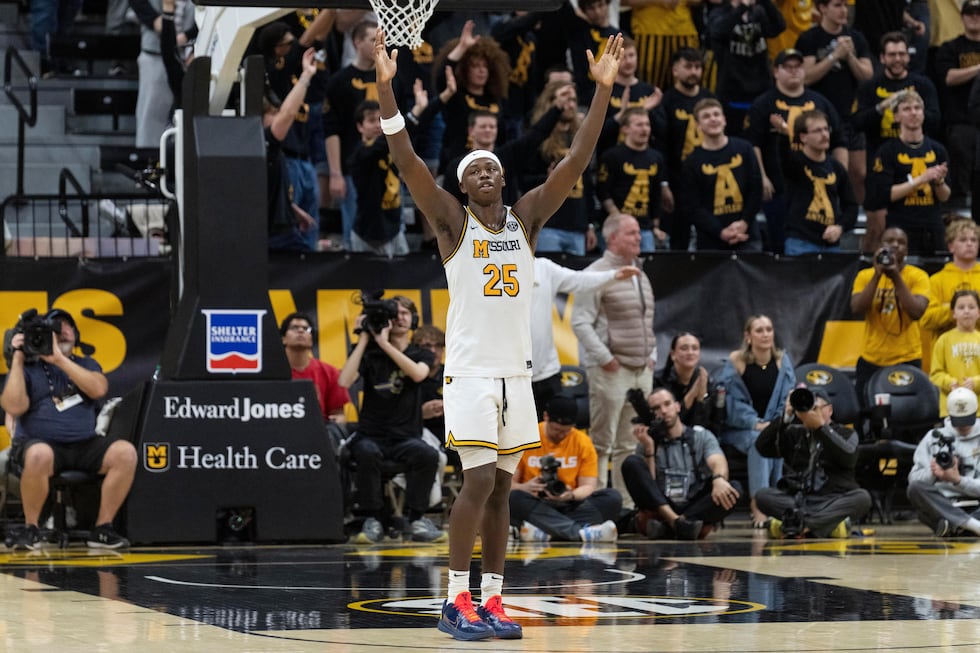 FILE - Missouri's Mark Mitchell (25) celebrates during the final minute of their victory over...