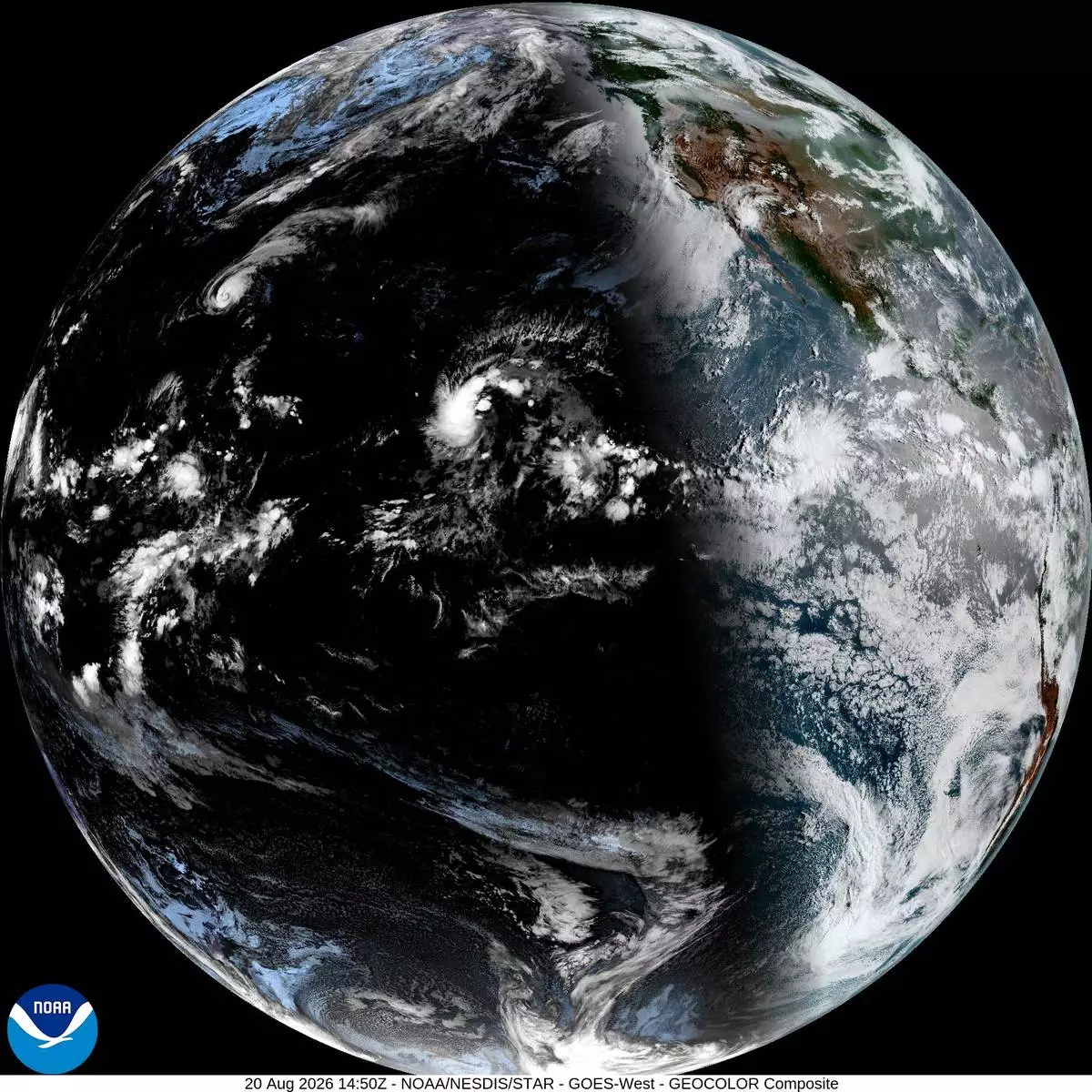 This satellite image provided by NOAA shows Hurricane Lala on Thursday, Aug. 20, 2026, in the Pacific Ocean northeast of Hawaii. (NOAA via AP)