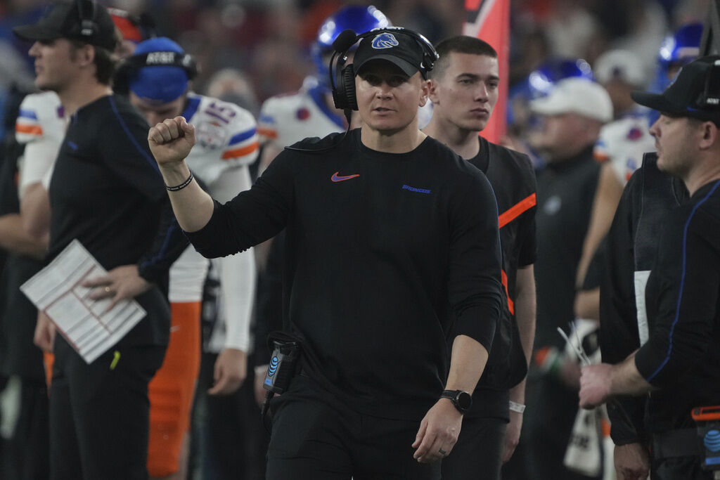 Boise State head coach Spencer Danielson during the Fiesta Bowl College Football Playoff game against Penn State, Tuesday, Dec. 31, 2024, in Glendale, Ariz. (AP Photo/Rick Scuteri)