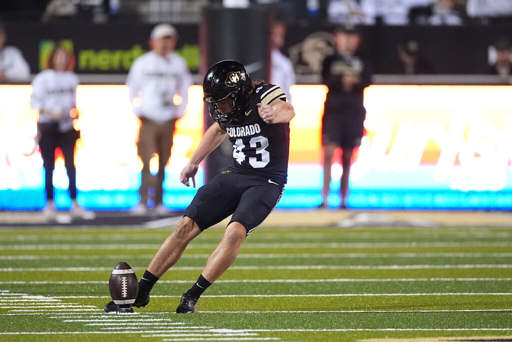Colorado place kicker Buck Buchanan (43) in the second half of an NCAA college football game Saturday, Sept. 20, 2025, in Boulder, Colo. (AP Photo/David Zalubowski)