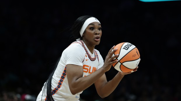 Connecticut Sun forward Aneesah Morrow during a game against the New York Liberty in New York on Friday, May 8, 2026. (AP Photo/Adam Hunger)