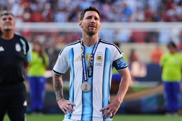 Argentina's Lionel Messi cries at the end of the World Cup final soccer match between Spain and Argentina in East Rutherford, N.J., near New York, Sunday, July 19, 2026. (AP Photo/Stephanie Scarbrough)