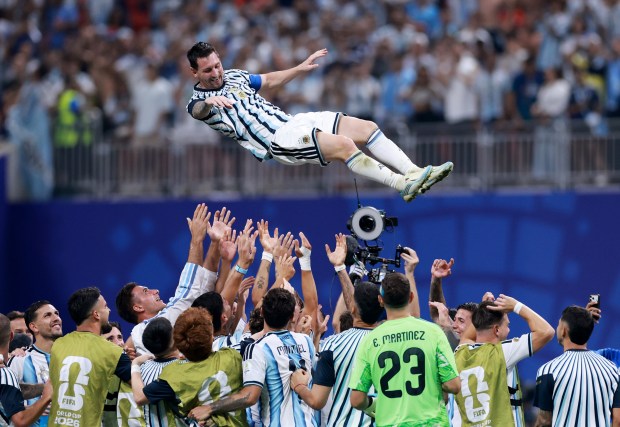 Lionel Messi of Argentina celebrates with teammates after the 3-2 victory during the FIFA World Cup 2026 Round of 16 match between Argentina and Egypt at Atlanta Stadium on July 7, 2026 in Atlanta, Georgia. (Photo by Elsa/Getty Images)