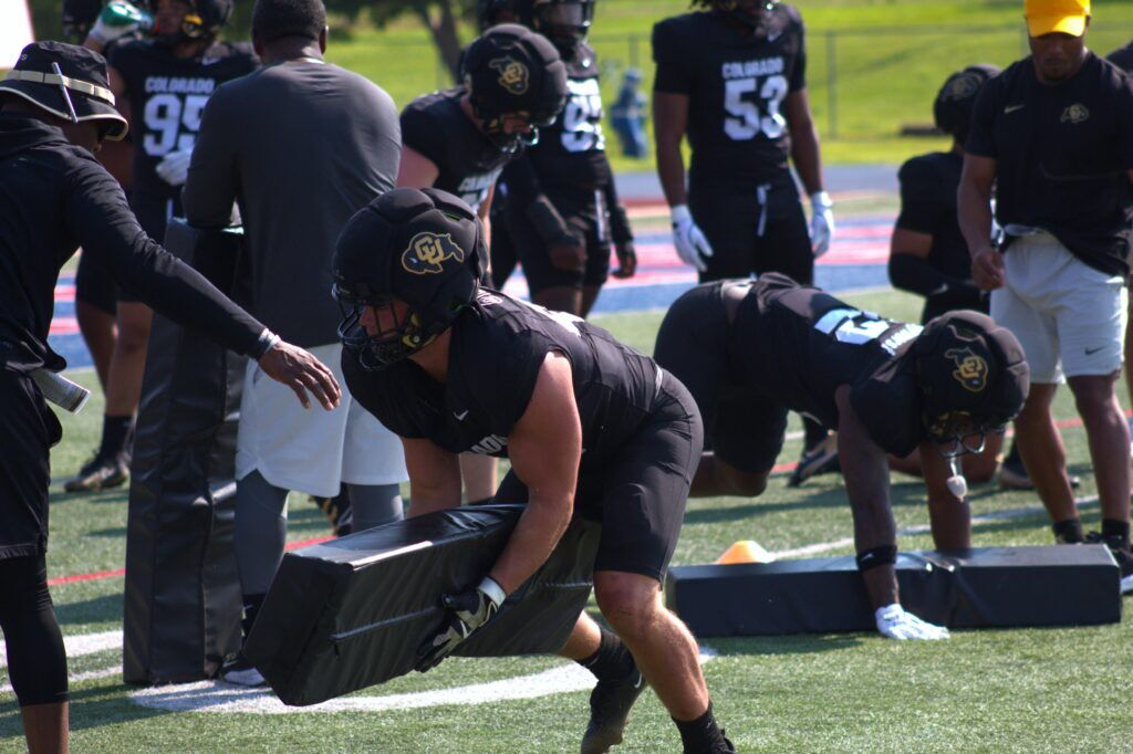 Colorado linebacker Gideon Lampron (44) goes through drills during a preseason practice on Thursday, Aug. 6, 2026 at Fountain-Fort Carson High School. (Tyler King, The Denver Gazette)