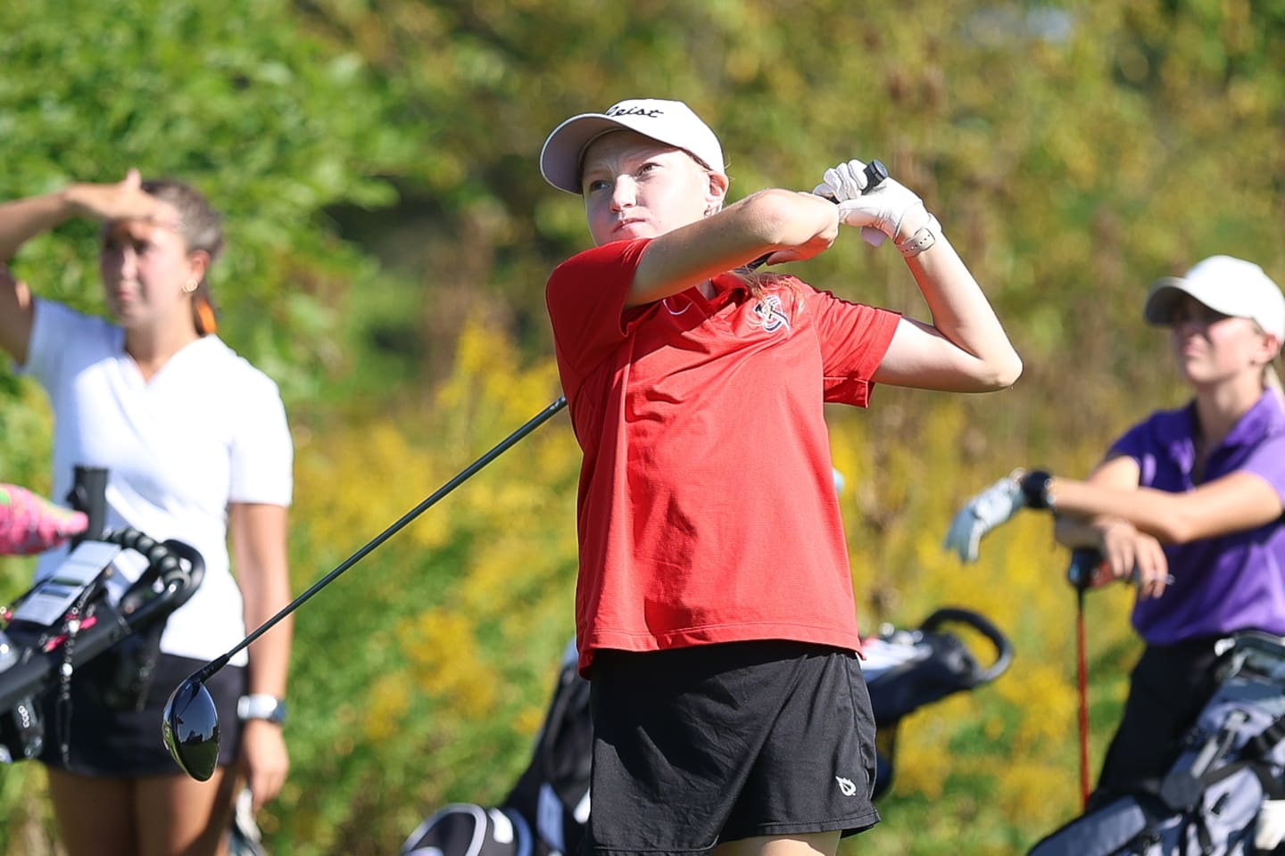 Bradley Bourbonnais' Allie Trudeau drives off the 12th hole in the 2A Rich Township Regional girls golf tournament on Tuesday, Sept. 30, 2025 in University Park.
