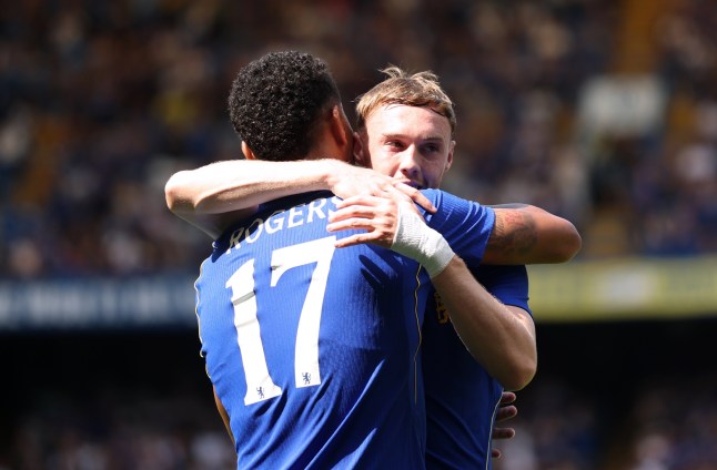 LONDON, ENGLAND - AUGUST 15: Morgan Rogers of Chelsea celebrates scoring his team???s first goal with team mate Cole Palmer during the pre-season friendly match between Chelsea and Real Sociedad at Stamford Bridge on August 15, 2026 in London, England. (Photo by Chelsea Football Club/Chelsea FC via Getty Images)