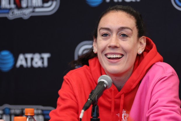 Breanna Stewart #30 of the New York Liberty speaks to the media during the AT&T WNBA All-Star 2026 Practice at Obama Presidential Center on July 24, 2026 in Chicago, Illinois. NOTE TO USER: User expressly acknowledges and agrees that, by downloading and or using this photograph, User is consenting to the terms and conditions of the Getty Images License Agreement. (Photo by Geoff Stellfox/Getty Images)