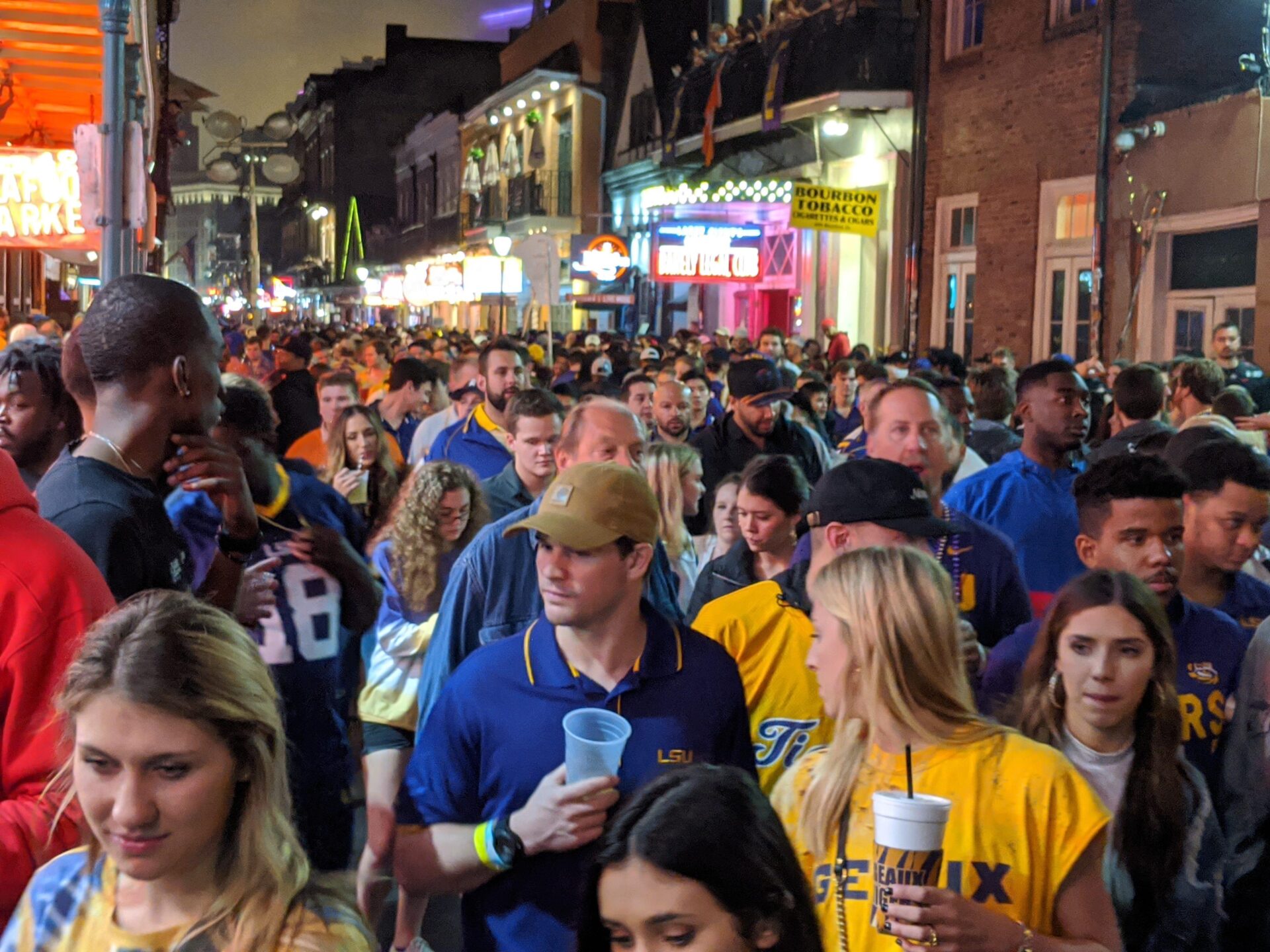 LSU fans pack New Orleans' French Quarter after the Tigers' 42-25 national championship victory over Clemson on Jan. 13 in the
