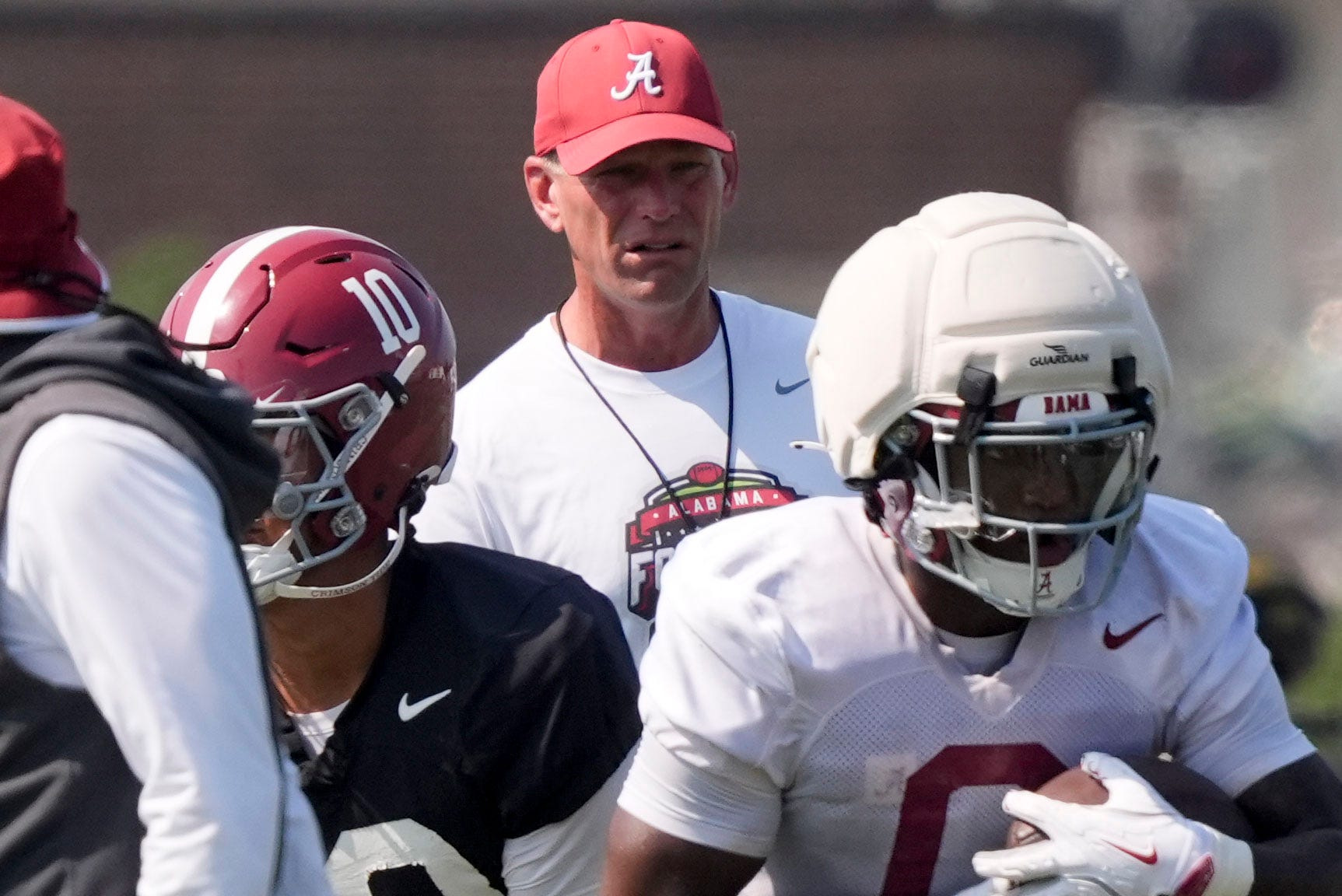 Aug. 6, 2026; Tuscaloosa, AL, USA;  Head coach Kalen DeBoer watches the quarterbacks and running backs during the Alabama