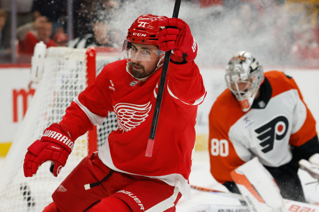 Detroit Red Wings center Dylan Larkin (71) celebrates after scoring at Little Caesars Arena