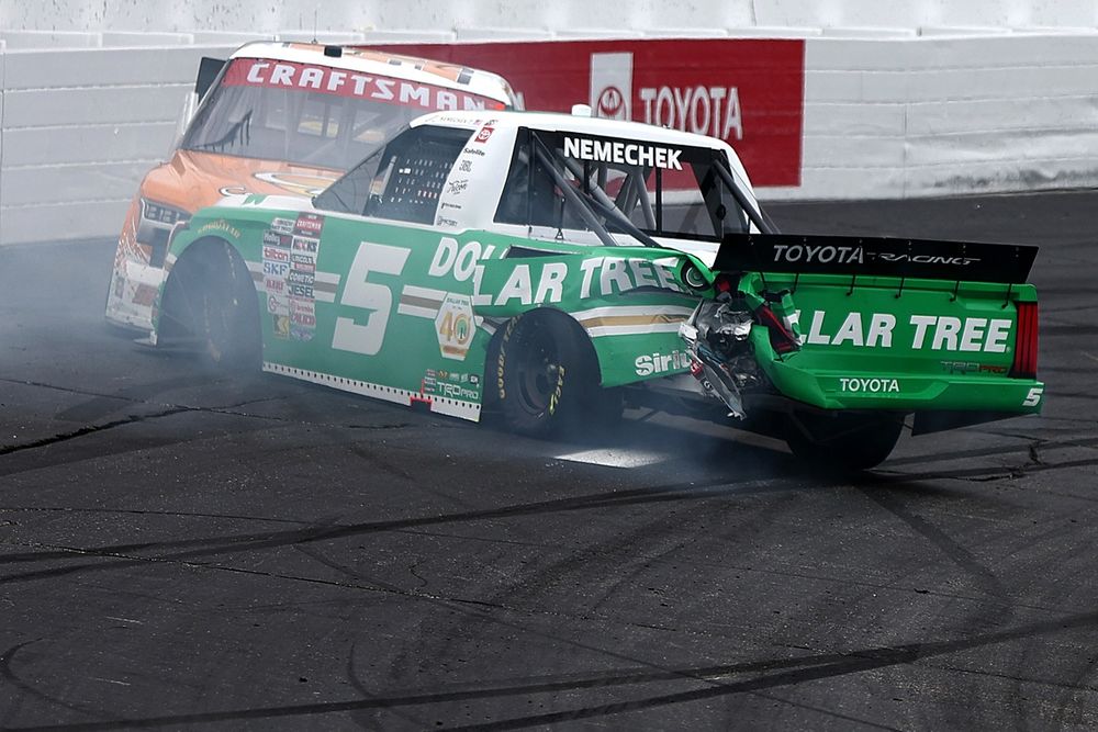 John Hunter Nemechek crashes, No. 5 TRICON Garage Toyota; Timmy Hill, No. 56 Hill Motorsports Toyota