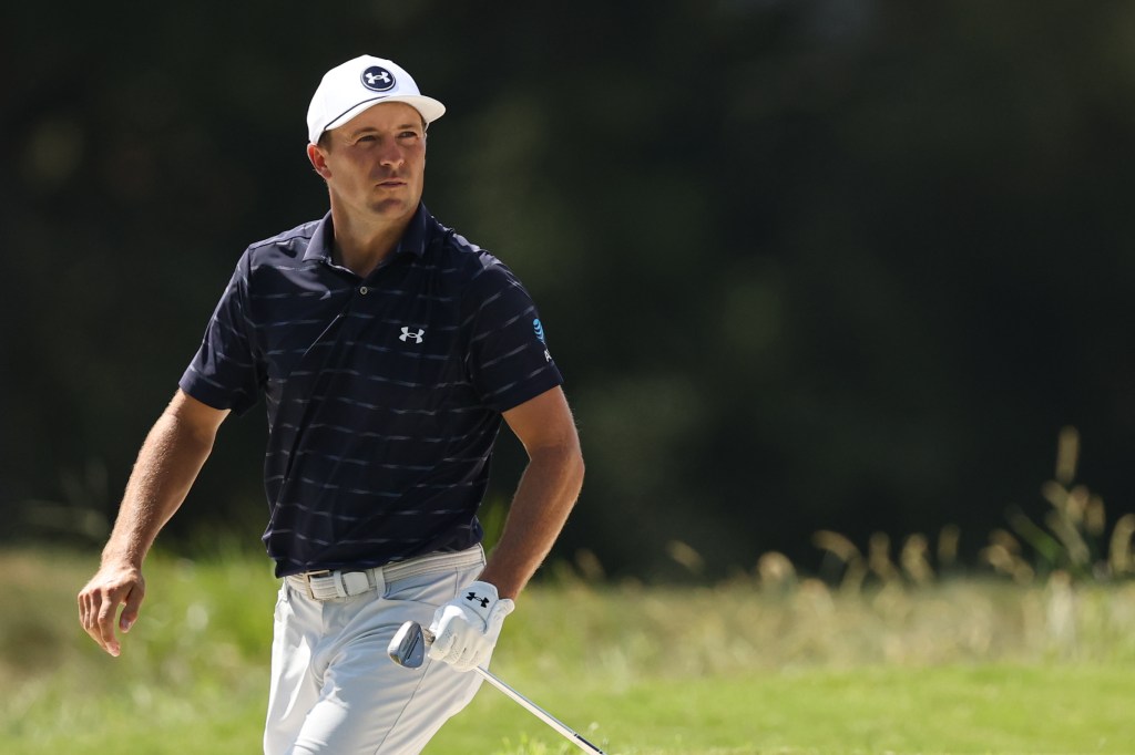 Jordan Spieth watches a shot from a bunker during the FedEx St. Jude Championship.