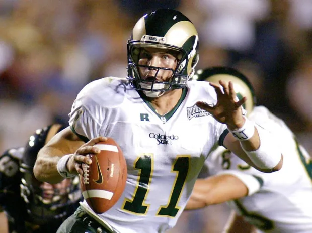 Bradlee Van Pelt (11) of Colorado State looks downfield for an open receiver in the first quarter against Brigham Young University Thursday, Oct. 9, 2003, in Provo, Utah. (AP Photo/George Frey)
