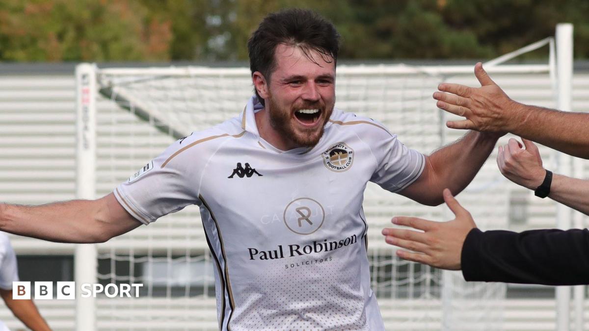 Jack Stretton celebrates scoring for Truro City at Maidstone United