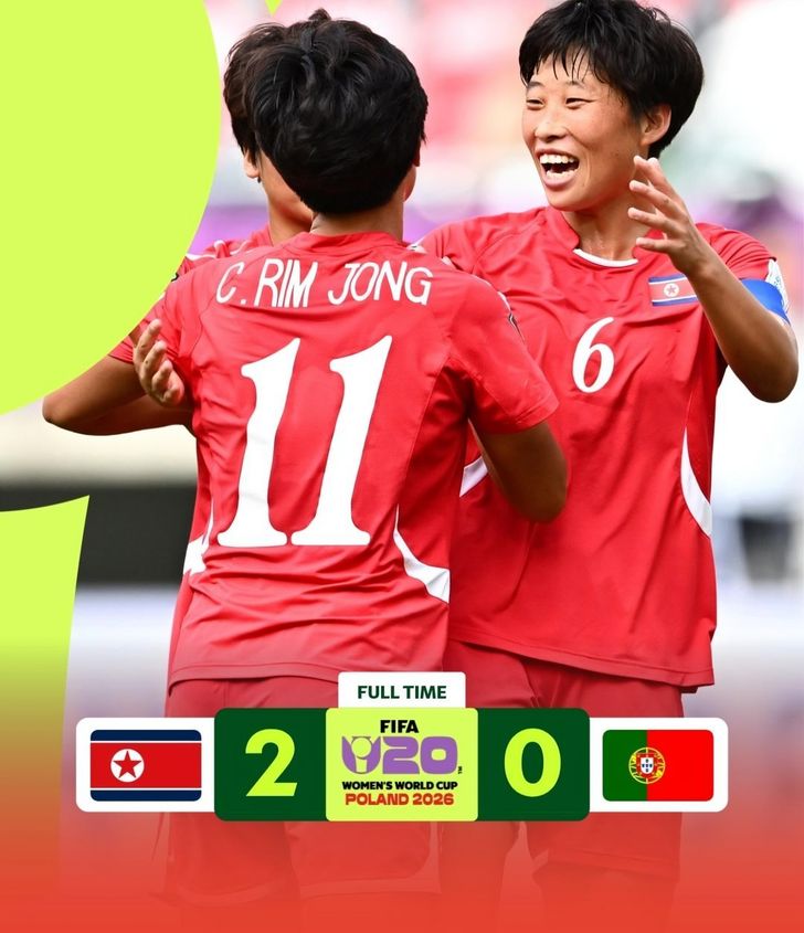 North Korean players celebrate their 2-0 win against Portugal in their opening match of the 2026 FIFA U-20 Women’s World Cup in Lodz, Poland, Monday. Captured from FIFA's Instagram account