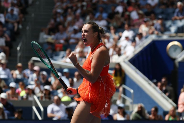 Belarus Aryna Sabalenka celebrate their victory over Colombias Camila Osorio during their women's singles first round tennis match on day two of the US Open tennis tournament at the USTA Billie Jean King National Tennis Center in New York on August 31, 2026. (Photo by TIMOTHY A. CLARY / AFP)