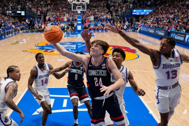 UConn freshman Braylon Mullins (24) had his anticipated breakout vs. Kansas on Tuesday night. (AP Photo/Charlie Riedel)