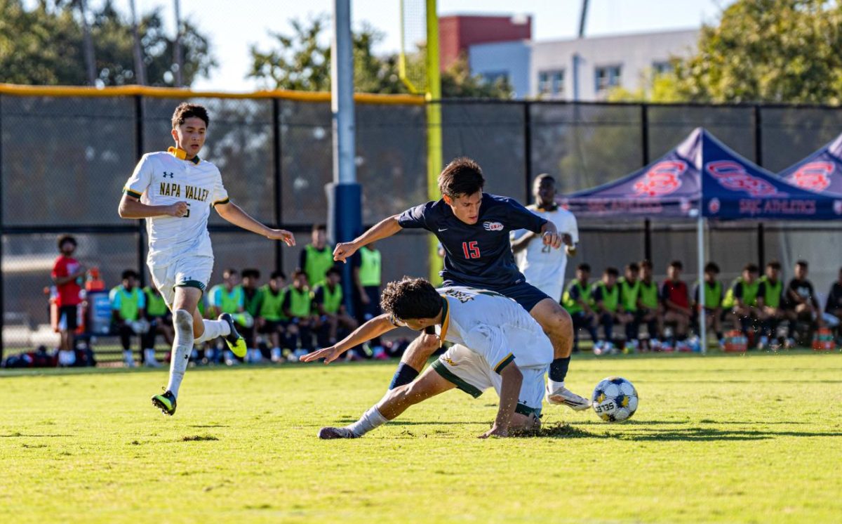 Sophomore Forward Manuel Vargas drops Napa defender as he cuts inside the box to attempt a shot on target. On Friday, Sep. 25 2026.