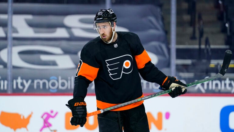 Philadelphia Flyers' Kevin Hayes plays during an NHL hockey game against the New Jersey Devils, Sunday, April 25, 2021, in Philadelphia.