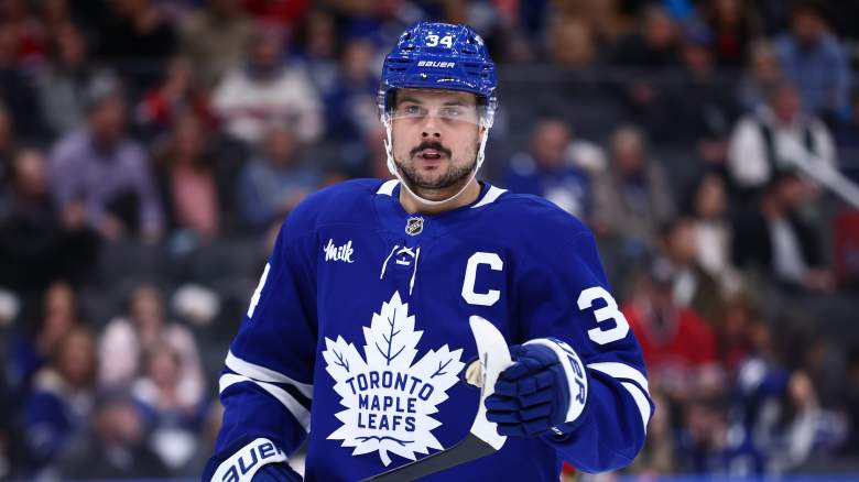 Auston Matthews #34 of the Toronto Maple Leafs looks on during the second period against the Montréal Canadiens at Scotiabank Arena on December 6, 2025 in Toronto, Ontario, Canada.