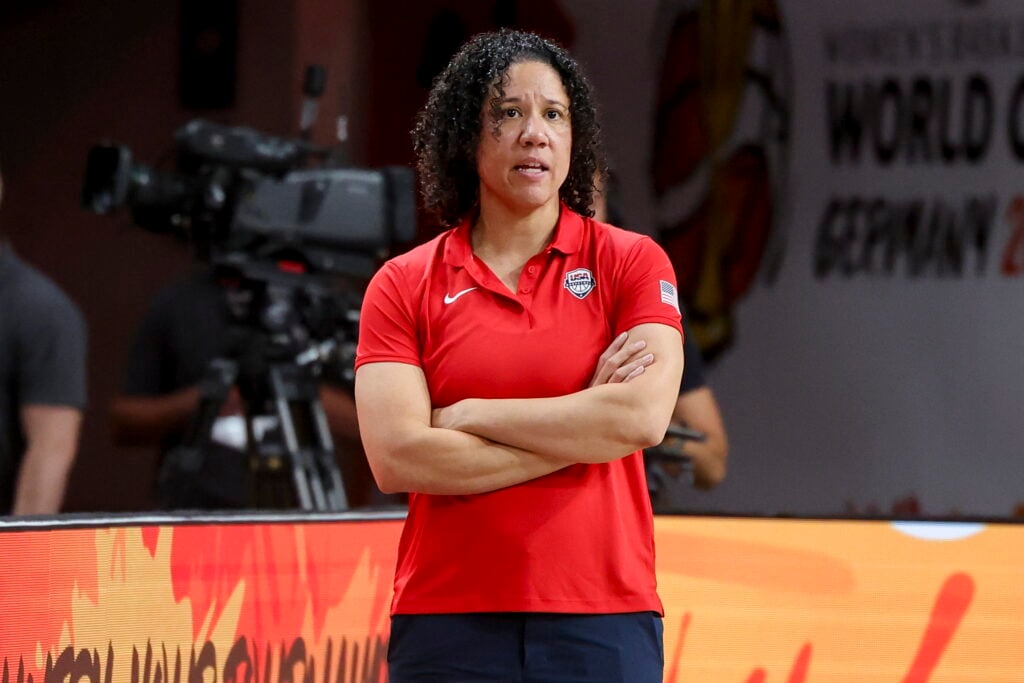 Head Coach Kara Lawson of USA looks on during the FIBA Women's Basketball World Cup Germany 2026 group match between USA and China.