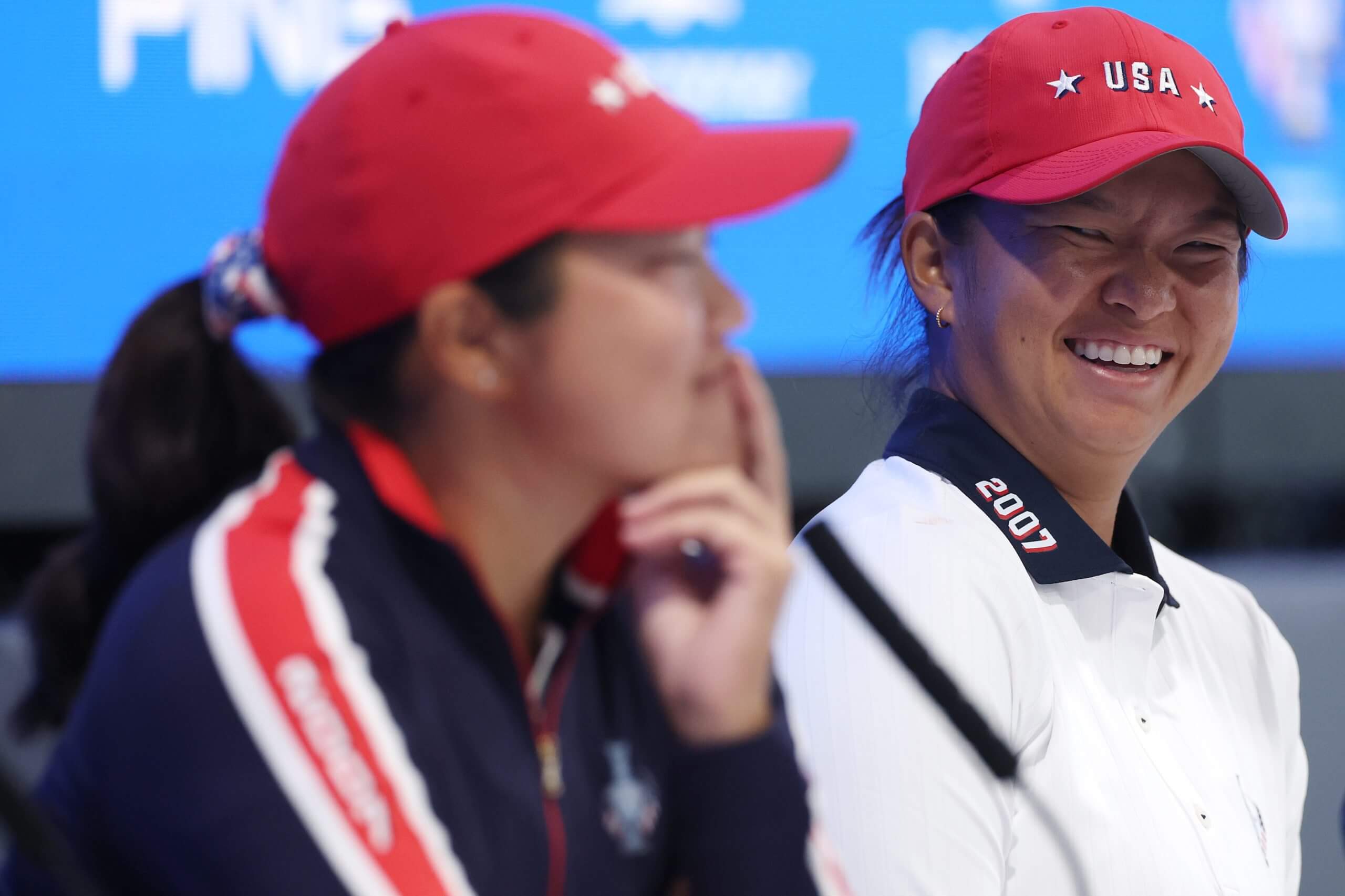 Megan Khang laughs during Wednesday's press conference
