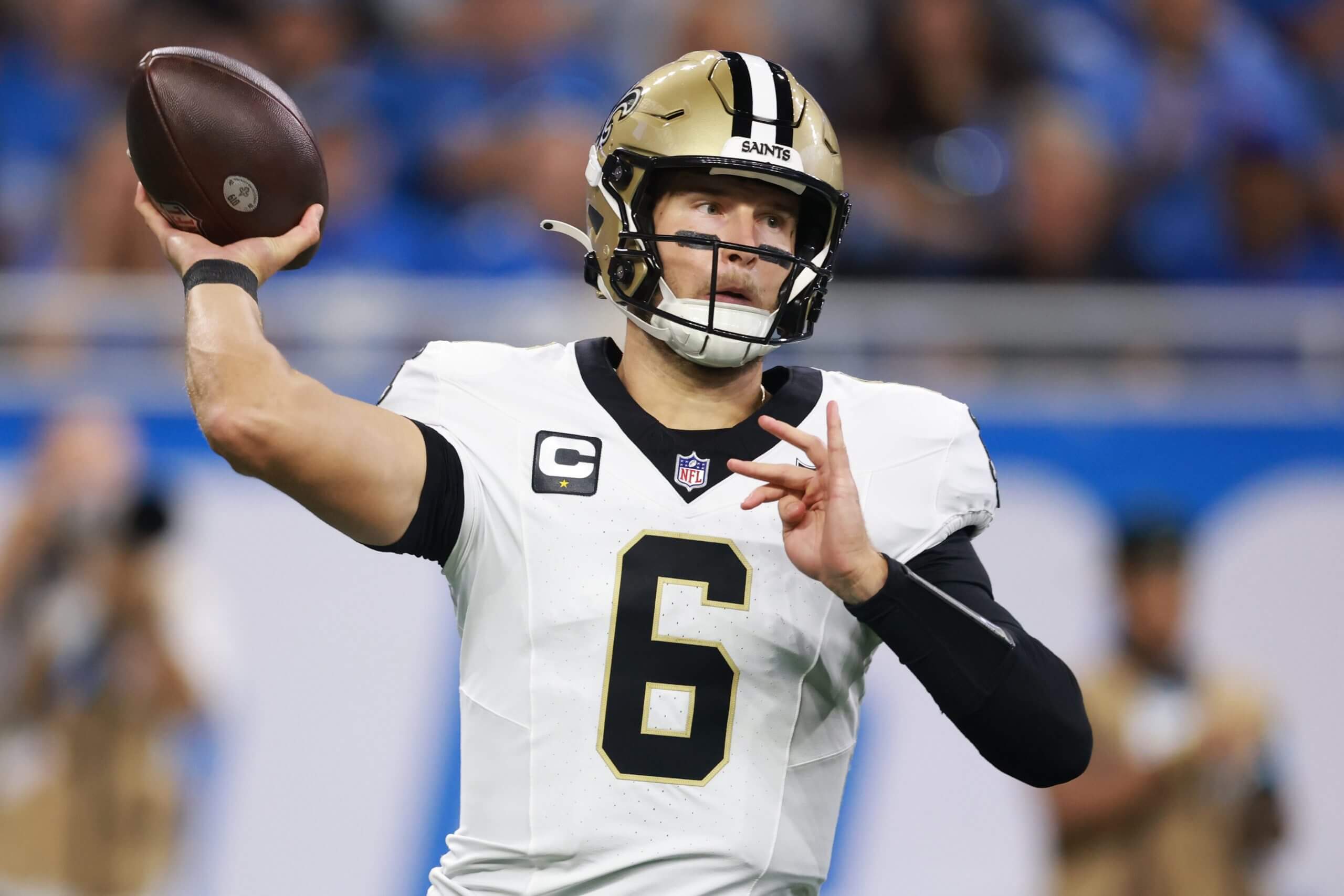 Tyler Shough #6 of the New Orleans Saints looks to pass the ball during the first half against the Detroit Lions of the game at Ford Field on September 13, 2026 in Detroit, Michigan.