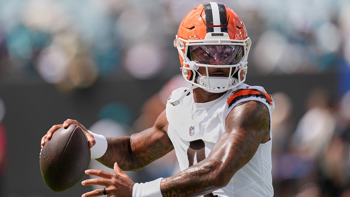 Deshaun Watson, Cleveland Browns quarterback, throws during an NFL game in Jacksonville.